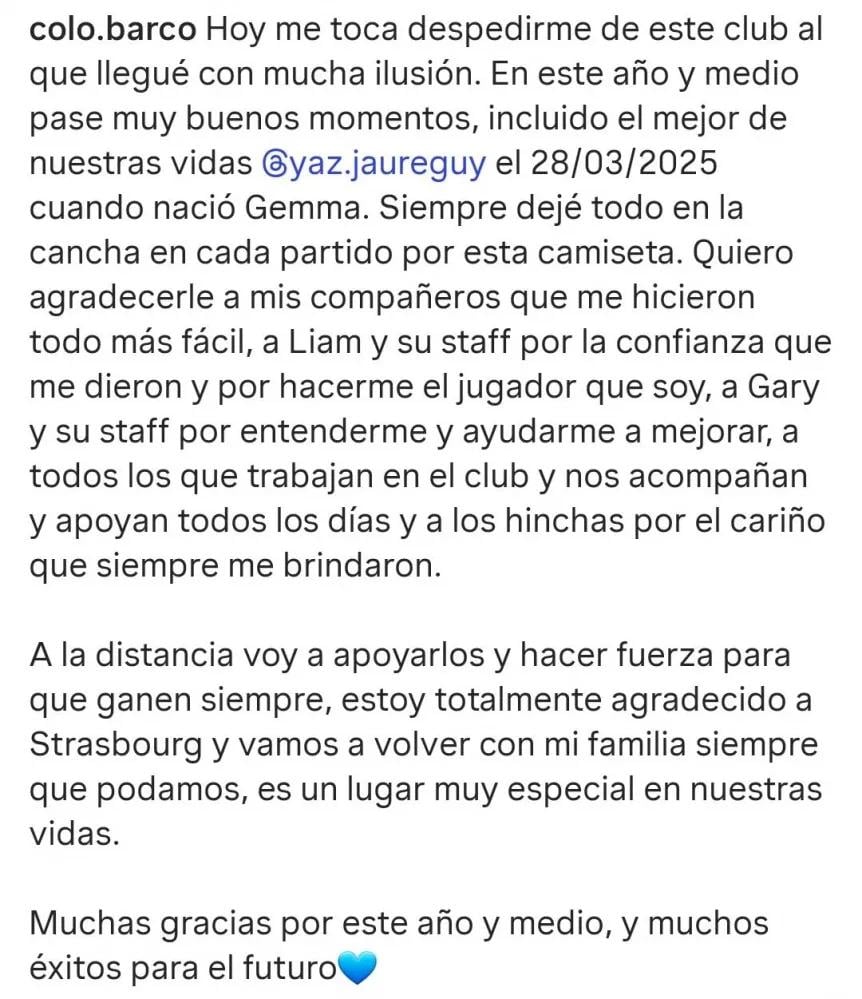 Valentín Barco đã nói lời chia tay với Racing de Strasbourg trên trang cá nhân.